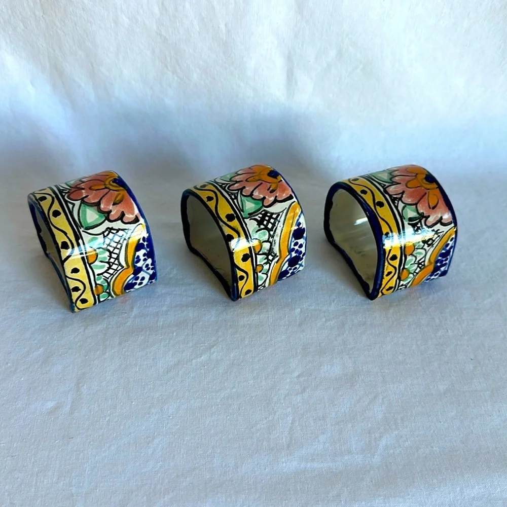 Set of three Mexico Talavera floral napkins holders